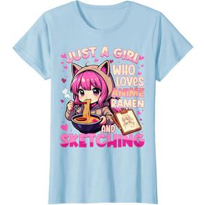 Just A Girl Who Loves Anime Ramen and Sketching Japan Anime T-Shirt, Size S