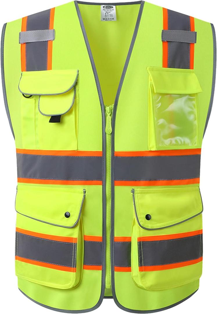 JKSafety 9 Pockets Hi-Vis Neon Yellow Color Zipper Front Safety Vest with Fluorescent Orange Extend Edge outlining the Reflective Tapes Meet ANSI/ISEA Class 2 Standard (901-Yellow, 5XL)