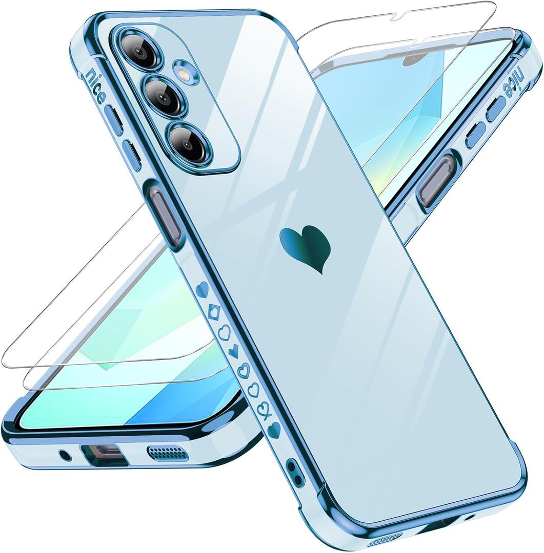 LeYi for Samsung A16-5G Case: with Tempered Glass Screen Protector [2 Pcs]+ Full Camera Lens Protection,Love Heart Plating Girly Luxury Soft TPU Shockproof Case for Galaxy A 16 5G,Sierra Blue