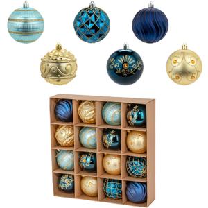 80mm/3.15" Luxury Navy and Gold Christmas Tree Ornaments Balls, 16 Pcs Shatterproof Plastic Baubles Decorations for Xmas Trees, Wreath, Garland, Party, Wedding (Blue and Gold)