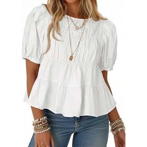 ZESICA Women's 2026 Fall Babydoll Peplum Tops V Neck Puff 3/4 Length Sleeve Shirts Dressy Casual Blouses,White,Medium