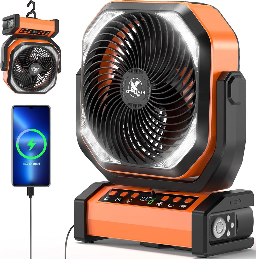Camping Fan with Light - 20000mAh Rechargeable Battery Tent Fan, 112Hrs Max, 8 Speeds, Digital Display, Timer, Auto Oscillation, 270 Pivot & Hook for Garage, RV, Hurricane, Co-Branded with MORECORE (9 inch, Orange)