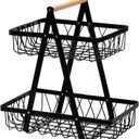 Dicunoy Metal Storage Basket with Handles, 2 Tier Wire Snack Organizer Bin for Office Cournertop, Rustic Black Basket for Home, Kitchen, Pantry, Fruit, Coffee, Pasta, Bathroom, Living Room