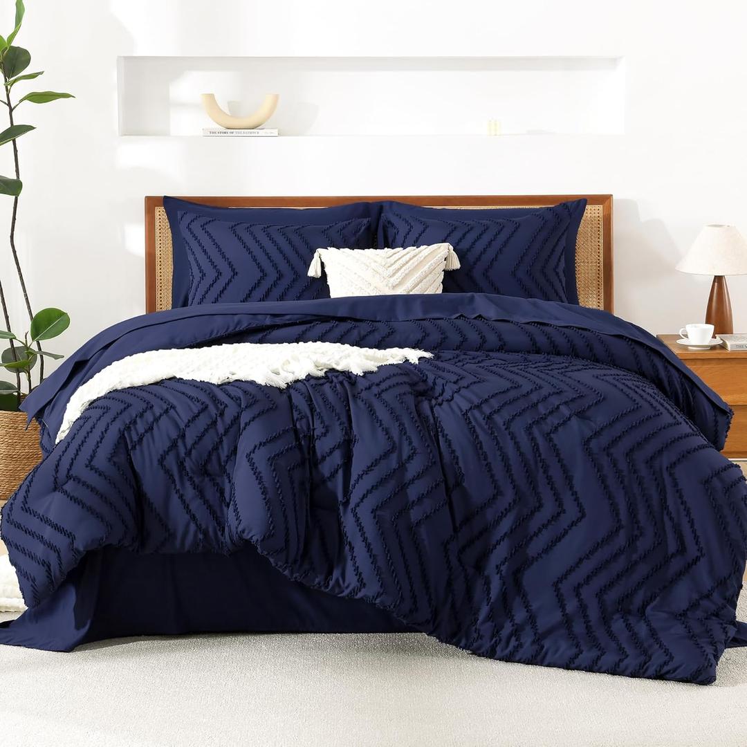 Litanika King Size Comforter Set with Sheets Navy Blue - 7 Pieces Bed in a Bag King Chevron Tufted Complete Bedding Sets with Comforter, Sheets, Pillowcases & Shams (King (104"x90"))