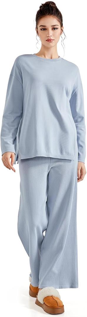 SUUKSESS Women Lounge Sets 2 Piece Pajamas Sets Long Sleeve Tops Wide Leg Pants (L)