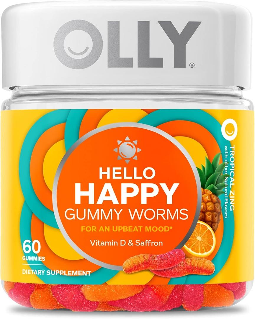 OLLY Hello Happy Gummy Worms, Mood Balance Support, Vitamin D, Saffron, Adult Chewable Supplement, Tropical Zing - 60 Count BB 10/6/26