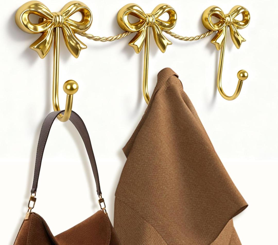 Gold Bow Decor for Girls Room Decor - 3-Link Mental Gold Bow Hooks for Wall, Golds Bows Hangers for Coats, Bags, Bath Towels, Bathroom, Loveshackfancy Decor, Girl Nursery ,Coquette Room, 14.1*4.5