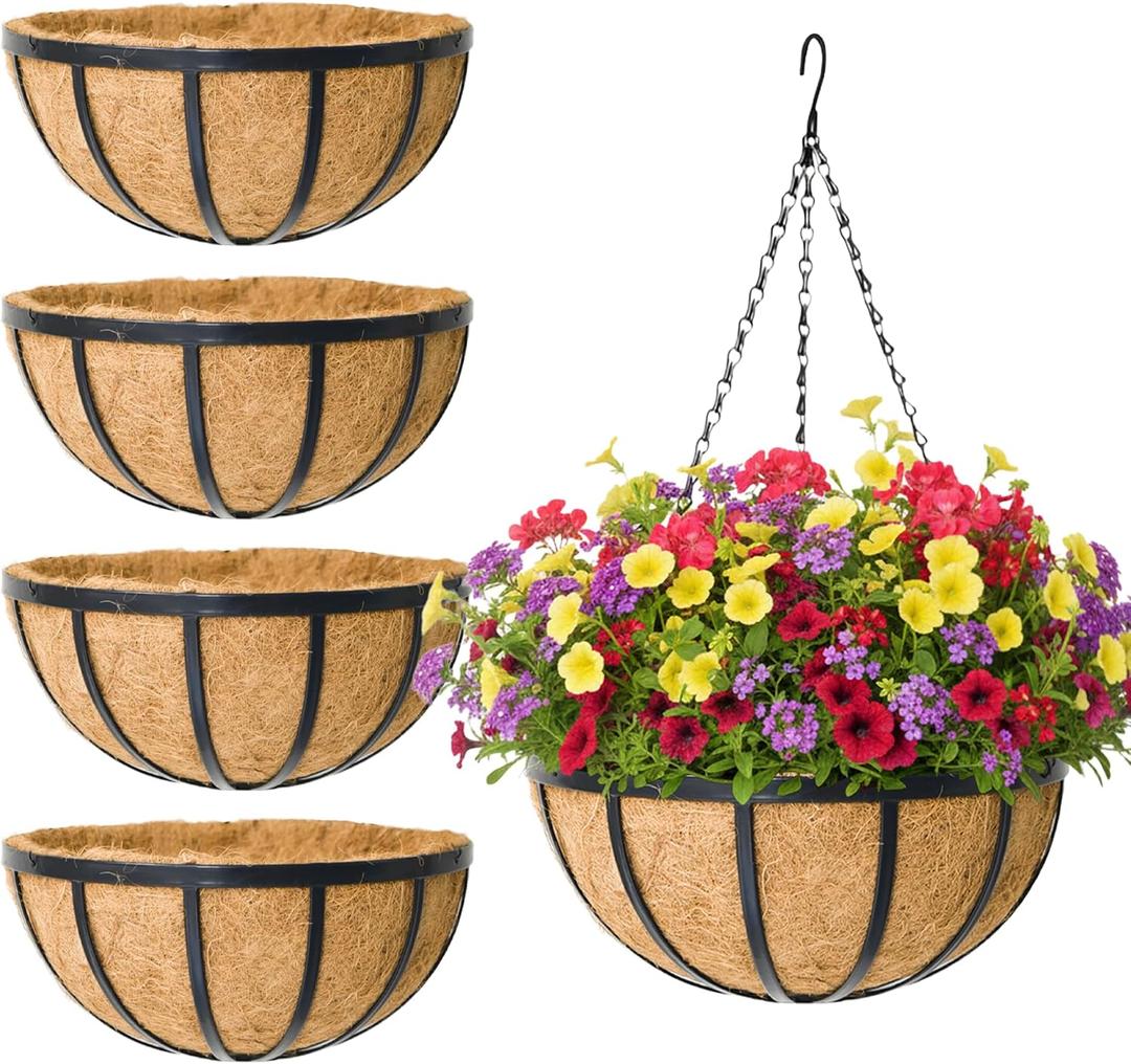 4 Pack 14 Inch Round Hanging Basket with Coco Liners， Metal Hanging Baskets for Plants Outdoor， Hanging Planter with Chain Garden Products for Outdoor, Porch, Lawn, Garden