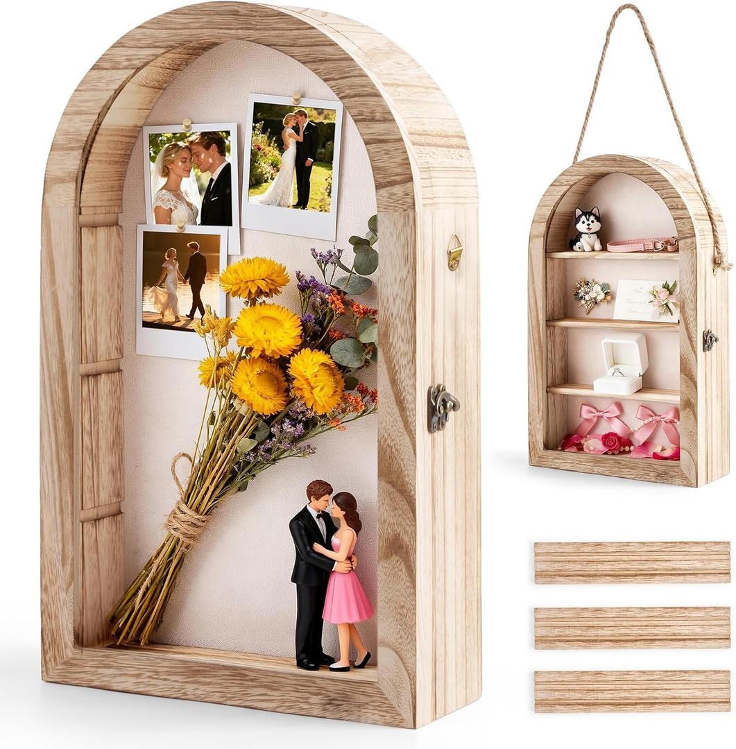 Shadow Box Frame 10x16 Large Arched Memory Display Case with Linen Back Removable Shelves & Acrylic Front, Keepsake Picture Frame for Bouquet, Photos, Medals & Memorabilia, Memorial Gift