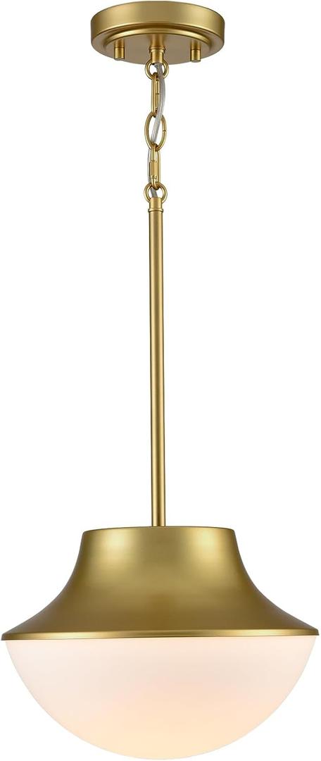 Mid Century Modern Pendant Light Fixture 11.02" Brushed Gold Yellow Pendant Light Kitchen Island with Milk Glass White Bowl Shade Over Sink Bathroom Dining Room Foyer