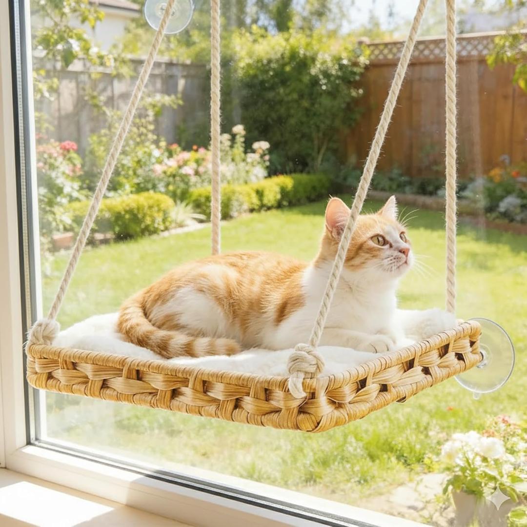 Cat Window Perch with 4 Strong Suction Cups,PE Rattan Basket Hammock with Soft Washable Plush Cushion,Cozy Hammock Perches for Large Indoor Cats Kittens Sunbathing Bird Watching (Original)