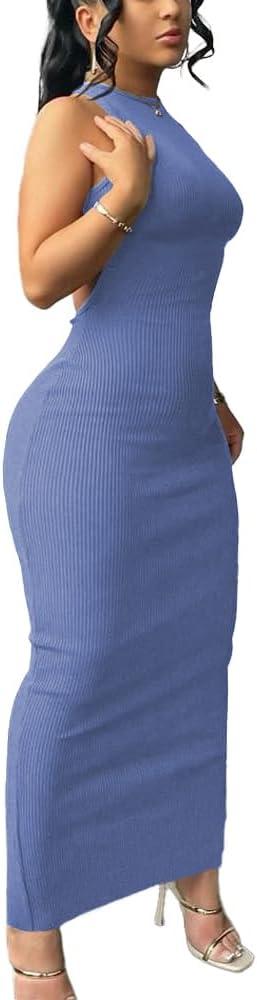 Nimsruc Women Summer Sexy Bodycon Maxi Dress Casual Long Dresses (Blue, XL)