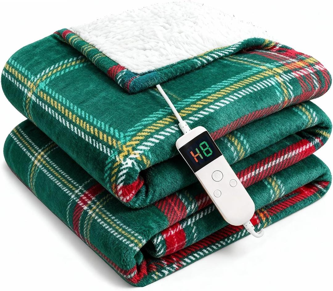 Electric Blanket Heated Throw, Soft Flannel 50"x60" Plaid Heating Blanket with 8 Hours Auto Off 10 Fast Heating Levels Machine Washable Sherpa Heated Blanket with Overheating Protection (Dark Green)