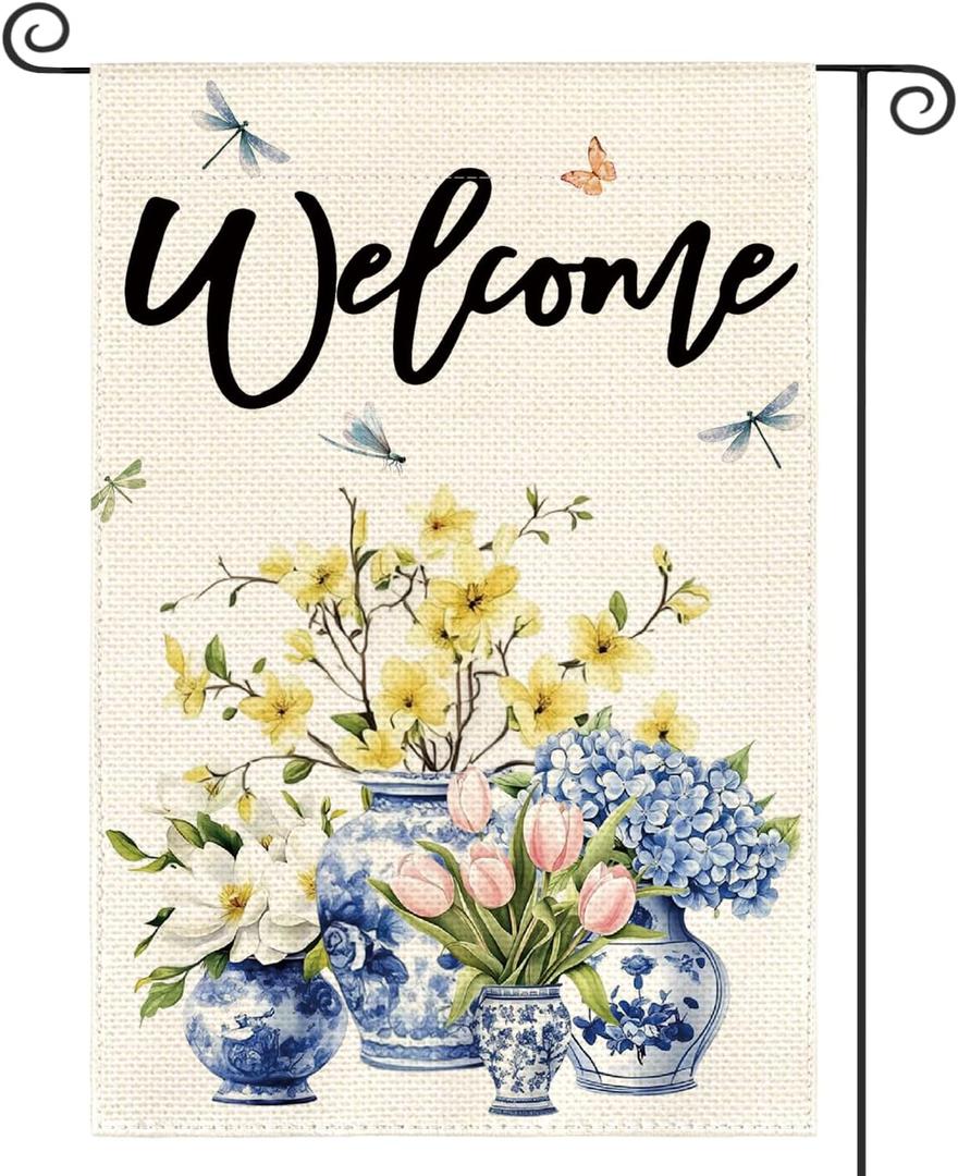 AVOIN colorlife Spring Summer Floral Welcome Garden Flag 12x18 Inch Double Sided Outside, Blue and White Chinoiserie Seasonal Yard Outdoor Flag