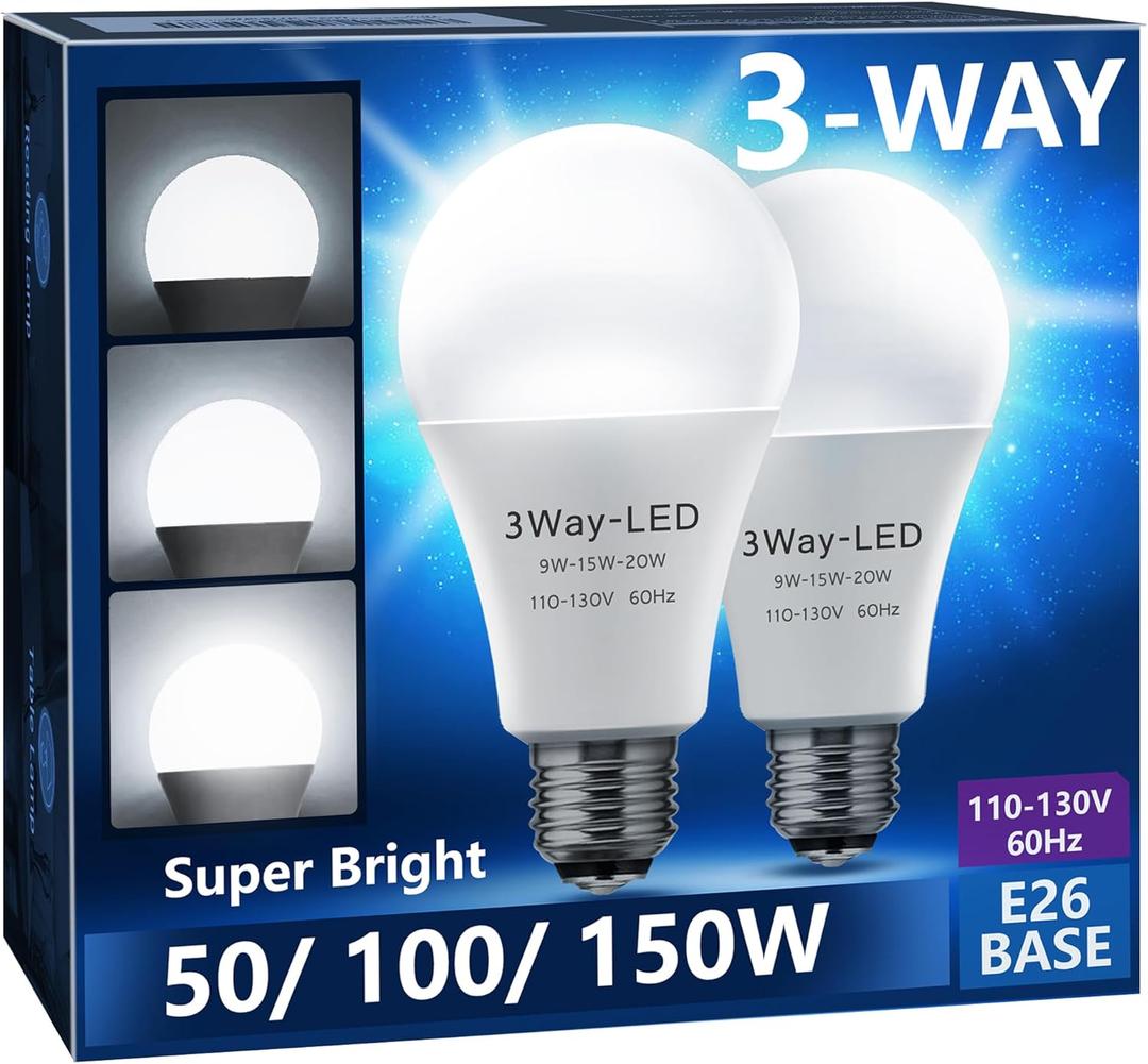 Briignite 3 Way LED Light Bulbs 50-100-150W Equivalent Daylight White 5000K, 3-Way A21 LED Light Bulb E26 Medium Base, 600LM-1250LM-1850LM, Perfect for Table Lamp, Floor Lamp, Desk Lamp, 2 Pack Briignite 3 Way LED Light Bulbs 50-100-150W Equivalent Daylight White 5000K, 3-Way A21 LED Light Bulb E26 Medium Base, 600LM-1250LM-1850LM, Perfect for Table Lamp, Floor Lamp, Desk Lamp, 2 Pack