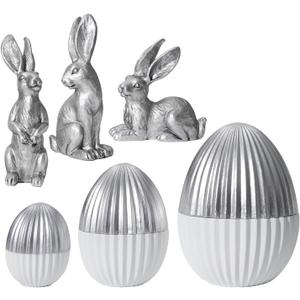 DN DECONATION 6PCS Easter Decorations with 3 Rabbits and 3 Silver Easter Eggs, Small Easter Bunny Figurines, Spring Table Centerpiece Decor Rabbit Statues, Indoor Bunny Decor, Vintage Home Decor (set of 6)