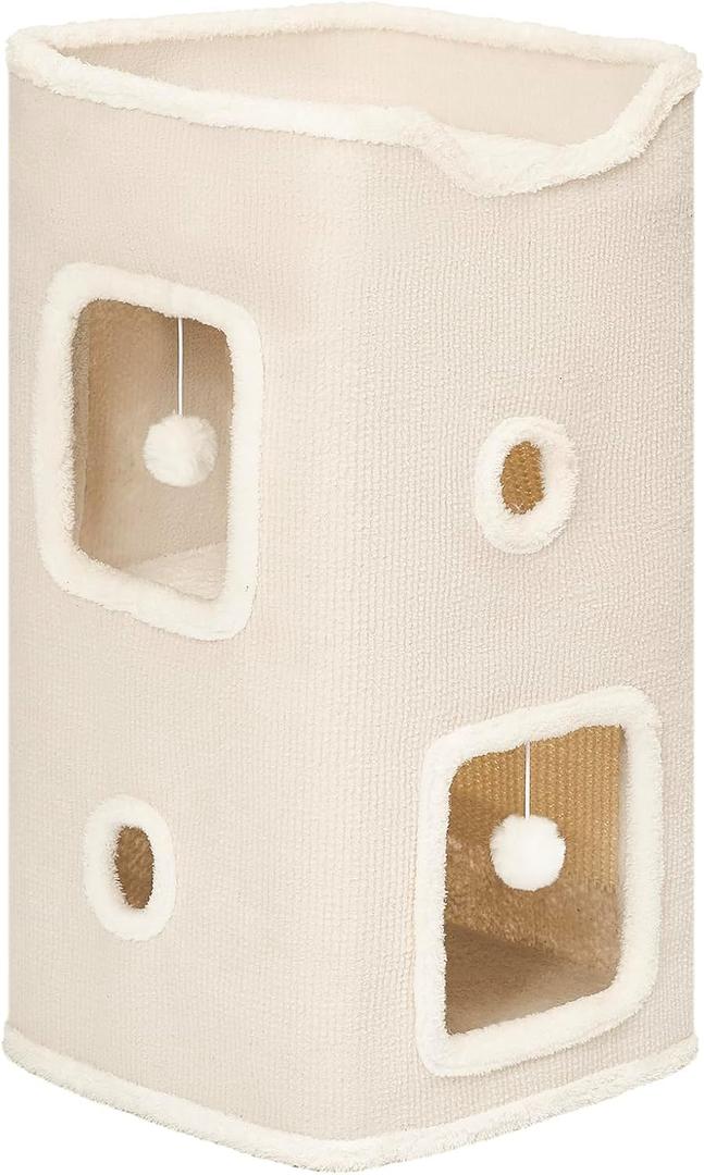 Cat Beds for Indoor Cats, Cat House 2-Story, Cat Condo with Stable Frame and Large Scratch Pad, 24'' Durable Cat Cube Playhouse with Dangling Balls, Perfect for Multiple Pets