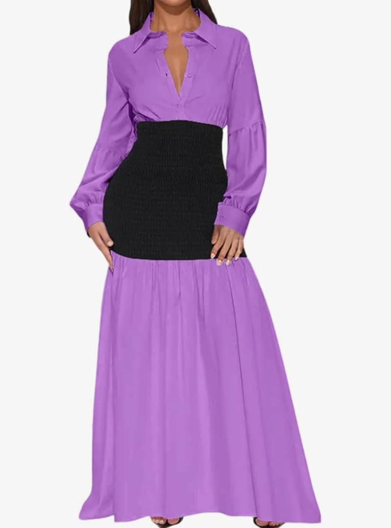 Ekaliy Women's Puff Long Sleeve Shirt Dress Elegant Button Down Loose Swing Party Maxi Dress, XXL