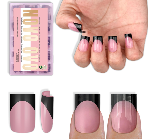 NOVO OVO Short Sharp Square Black French Tip Nail Tips Press on BERRY PINK, Extra Thick NEED Nail Glue Builder Gel Top Coat, Soft Gel Full Cover Fake Flase Nail Extension for DIY x 15 Sizes 240 pcs, Short Sharp Square Nail Tips Black French Tip BERRY PINK