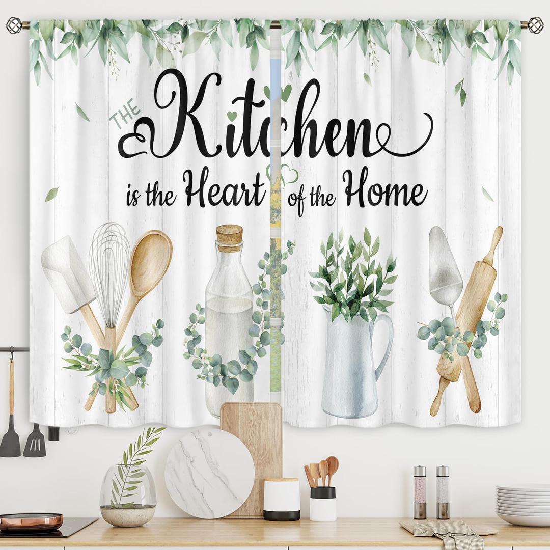 Riyidecor Rustic Eucalyptus Leaves Kitchen Curtains Small Short Leaf Plants Farmhouse Country Botanical Rod Pocket Wooden Board Farm Nature Bedroom Living Room Treatment Fabric 2 Panels 27.5Wx39H Inch (06green)