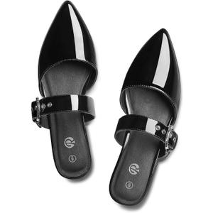 Rekayla Mules for Women Adjustable Strap Pointed Toe Backless Loafer Shoes (8, Patent Black)