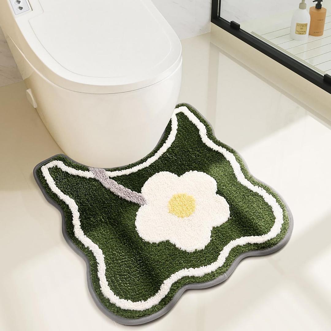 Toilet Bath Rug, U-Shaped Non-Slip Toilet Rug, Flower Rug for Bathroom Floor Soft Plush Microfiber Mat Super Absorbent Washable Bath Shower Mat, 20 x 22 Inches, Green