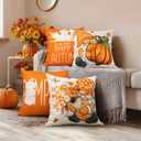 Gnomes Pumpkin Happy Fall Throw Pillow Covers 20x20 Set of 4 Burnt Orange Rust Modern Farmhouse Happy Autumn Maple Leaf Decorations for Sofa Couch Porch Bed Living Room