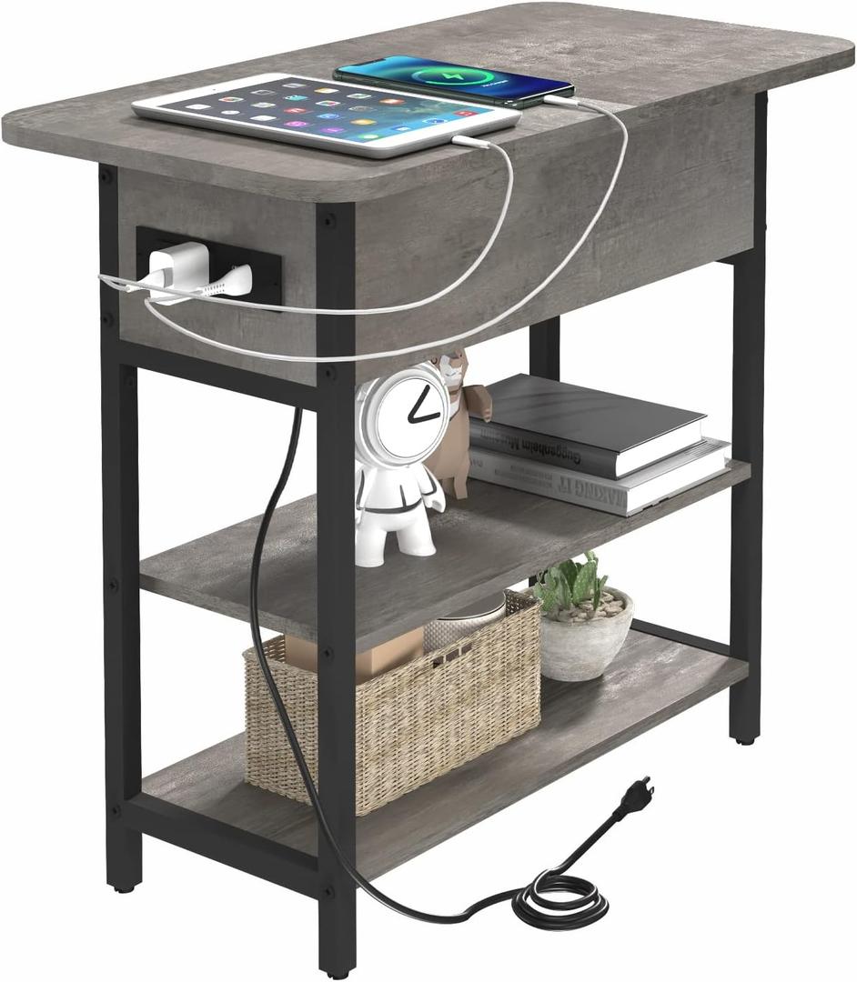 Yoobure End Table with Charging Station, Flip Top Side Table with USB Ports and Outlets, Sofa Couch Table Bedside Table for Living Room Bedroom, Narrow Nightstand with Storage Shelves for Small Space (Charcoal Gray), 𝟐𝟑.𝟔"𝐋 𝐱 𝟏𝟏.𝟖"𝐖 𝐱 𝟐𝟑.𝟖"𝐇