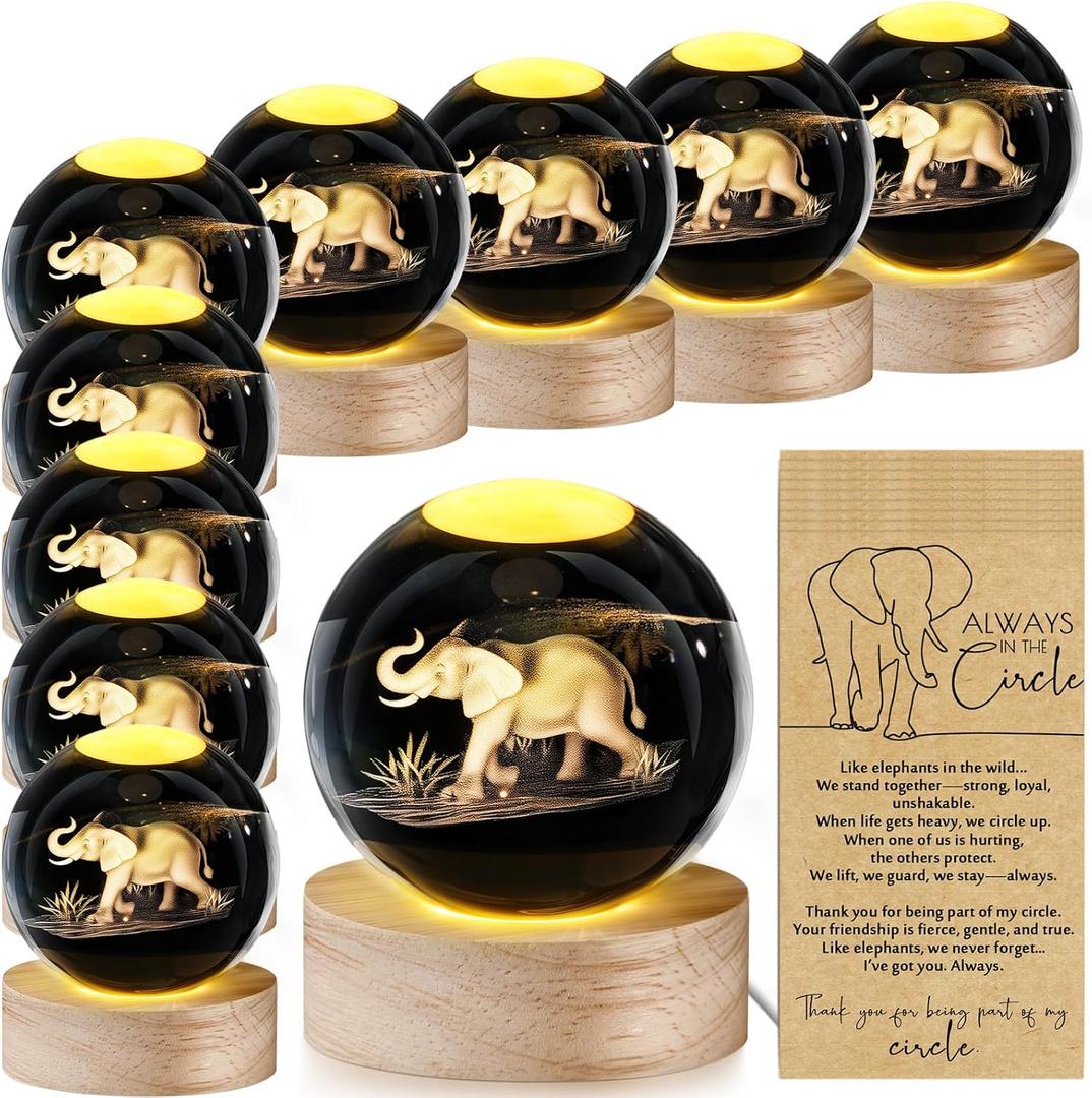 Jetec 10 Sets Christmas Elephant Gift for Women 3D Elephant Crystal Ball Night Lamp with Story Card Xmas Birthday Friendship Gift Decor for Sisterhood Best Friend Sister Long Distance BFF