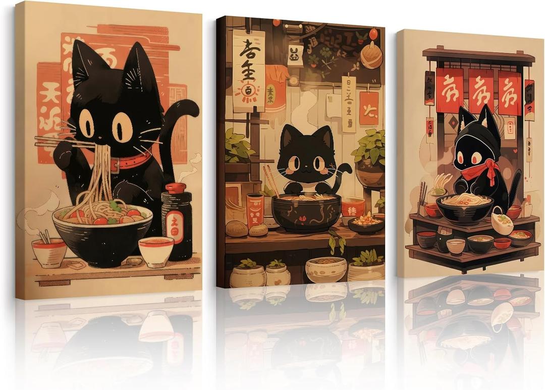 Pouydmi Japanese Cat Wall Art Black Cat Poster Eating Ramen Canvas Wall Decor Japan Tokyo Wall Art Funny Cat Prints Pictures Japanese Painting for Kitchen Bedroom 16x24x3 Inch Ready to Hang