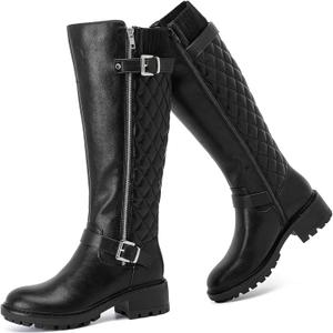 Ruiee Knee High Boots for Women Classic Comfort Riding Combat Boot Round Toe Side Zipper Long Tall Fall Winter Womens Boots. (8.5, Black Pu 267)
