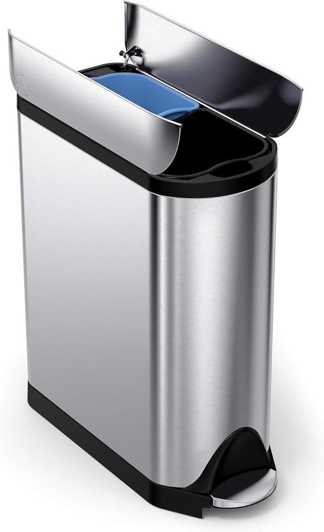 simplehuman 40 Liter / 10.6 Gallon Dual Compartment Butterfly Lid Kitchen Recycling Step Trash Can, Brushed Stainless Steel