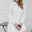 kipfall Women's Casual Dresses Long Sleeve Button V Neck Sweatshirt Dress Lapel Collared Pullover Dress (White, L)