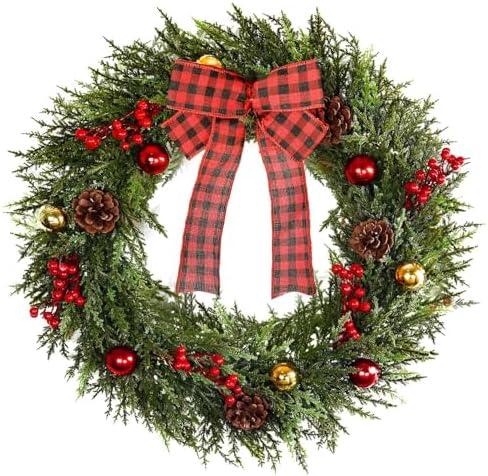 Christmas Wreath 20 Inch, Artificial Large Wreath with Pine Cone Red Berry Bow Ornaments for Front Door Decor Christmas Door Wreath Festival Home Indoor Outdoor Outside Decorations, Bow