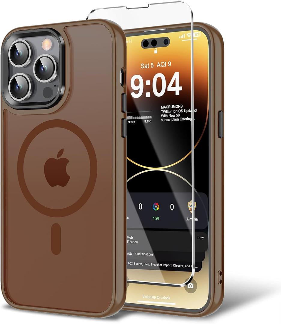 Magnetic Case for iPhone 14 Pro Max with Screen Protector, Compatible With Magsafe Ultra Slim Translucent Matte Shockproof Protection Phone Cover-Brown