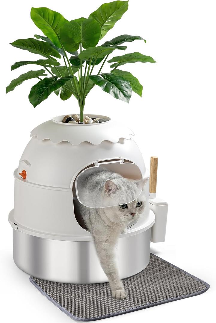 Hidden Litter Box, Stainless Steel Litter Box with Faux Plant Decor, Litter Box Enclosure with Clear Front Door, Includes Scoop & Litter Mat, Odor Control, Easy to Clean (White)