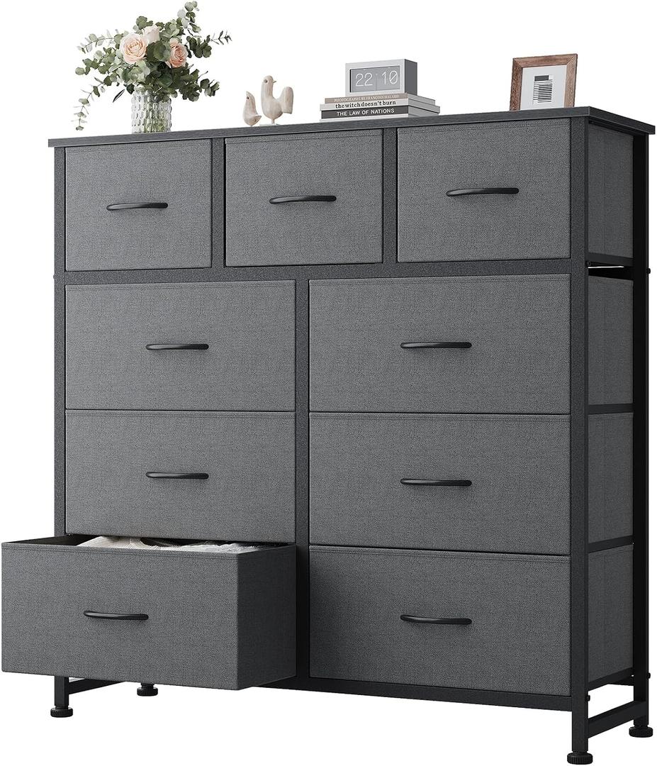 DUMOS Dresser for Bedroom, Dressers & Chests of Drawers Dresser Organizer, Wood Top Table Furniture with 9 Fabric Storage Tower Unit, Chest of Drawers for Closet, Living Room, Hallway, Porch, 11.8"D x 39.4"W x 39.4"H (9 Drawers), Grey