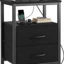 DUMOS Nightstand with Charging Station Built in USB Ports and AC Outlets Bedside Table with Adjustable Fabric Drawer and Open Shelf Modern End Table for Bedroom,Black