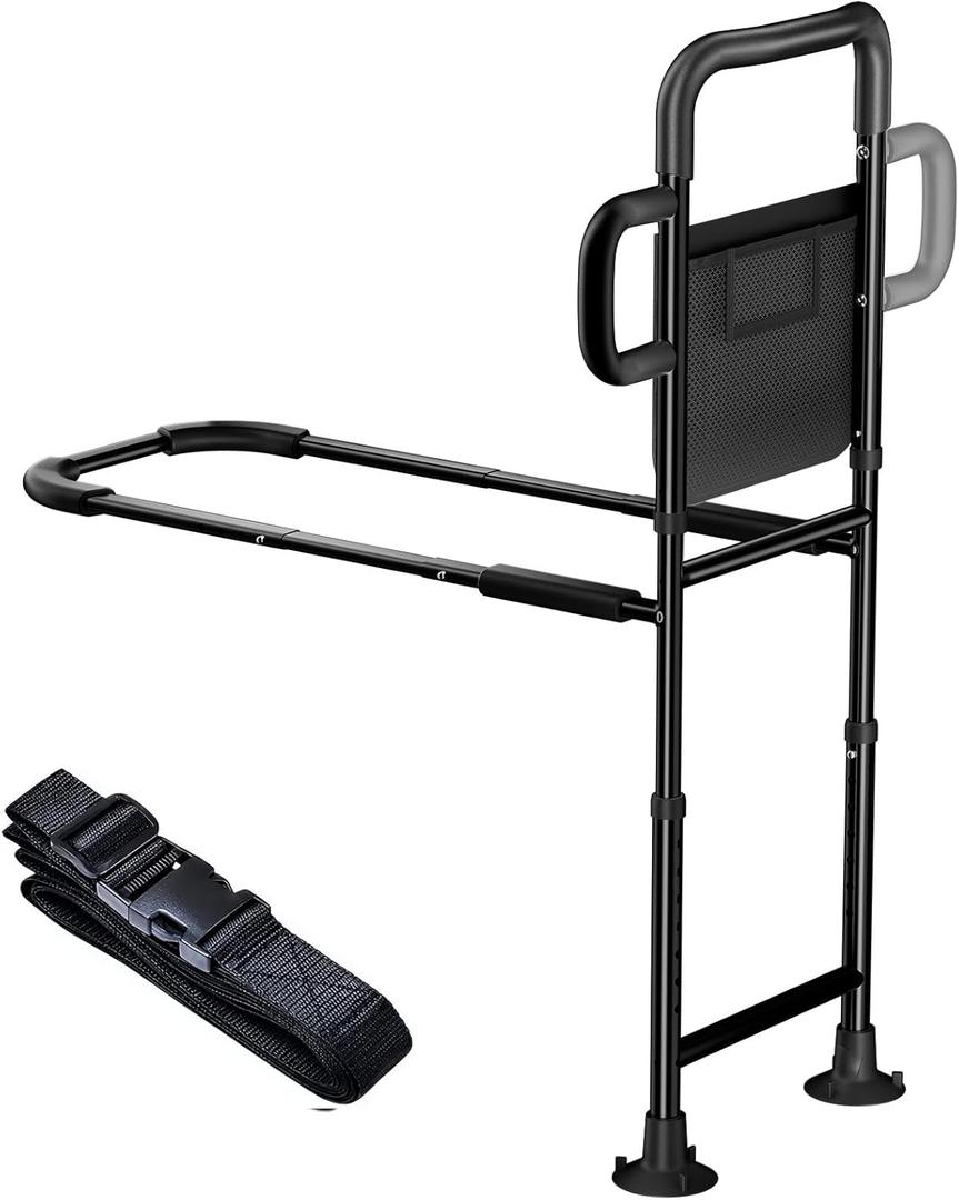 Bed Rails for Elderly Adults Safety - Height Adjustable Bed Assist Rail for Seniors, Stable Bedside Handle with Non-Slip Grip & Pocket, Fits King Queen Full Twin Bed (Black)