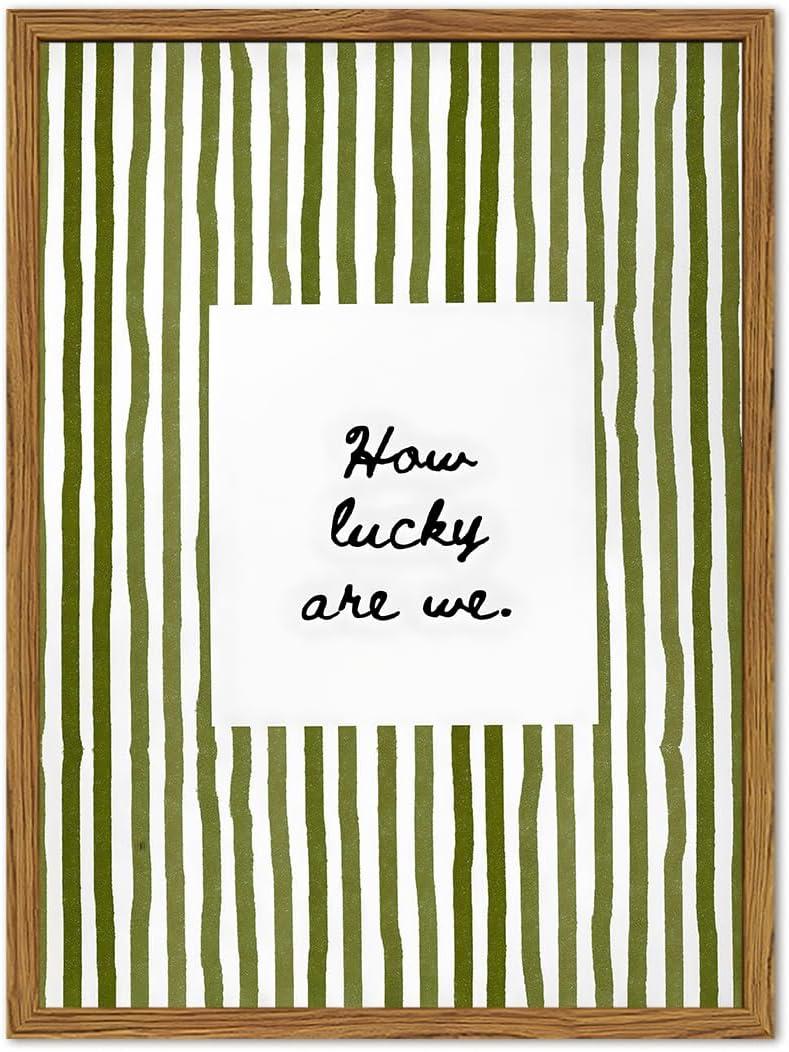 Framed How Lucky Are We Wall Art, Green Striped Pictures Wall Decor, Trendy Inspirational Quote Paintings Canvas Prints Preppy Home Decor for Living Room Bedroom Office Dorm 12x16 inch