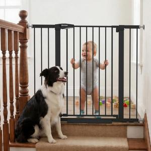 Mumeasy 36" Extra Tall Dog Gate, Auto Close Baby Gate for Stairs Doorways, 29.7-46" Wide Walk Thru Child Safety Gate for House, Easy Install Pressure Mounted Metal Pet Gate with Door, Black
