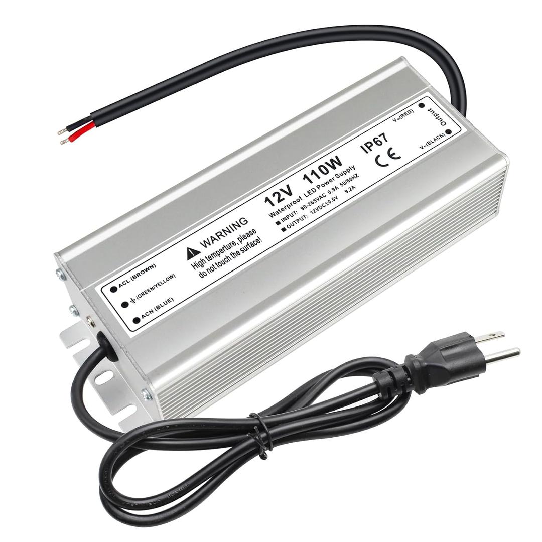 9.2A 110W 12 Volt LED Power Supply, 110V AC to 12V DC Converter, Waterproof IP67 Driver Low Voltage Transformer Power Adapter for Indoor Outdoor LED Lights