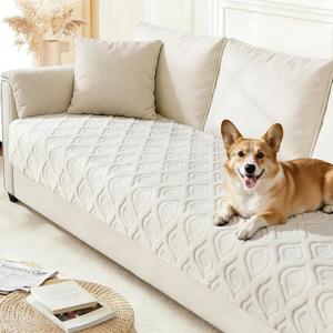 Arfntevss Couch Cover for Dogs Plush Washable Sofa Covers for 3 Cushion Couch Pet Friendly Fuzzy Sofa Slipcover 3 Seat Anti-Slip Boho Sectional Furniture Protector (Jacquard Plush Cream, 35.5" x 71")