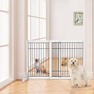 FENCETECH Freestanding Wire Dog Gate, 30" to 53" Adjustable Expandable Pet Gate, White Wooden Extra Wide Dog Fence - 32" H