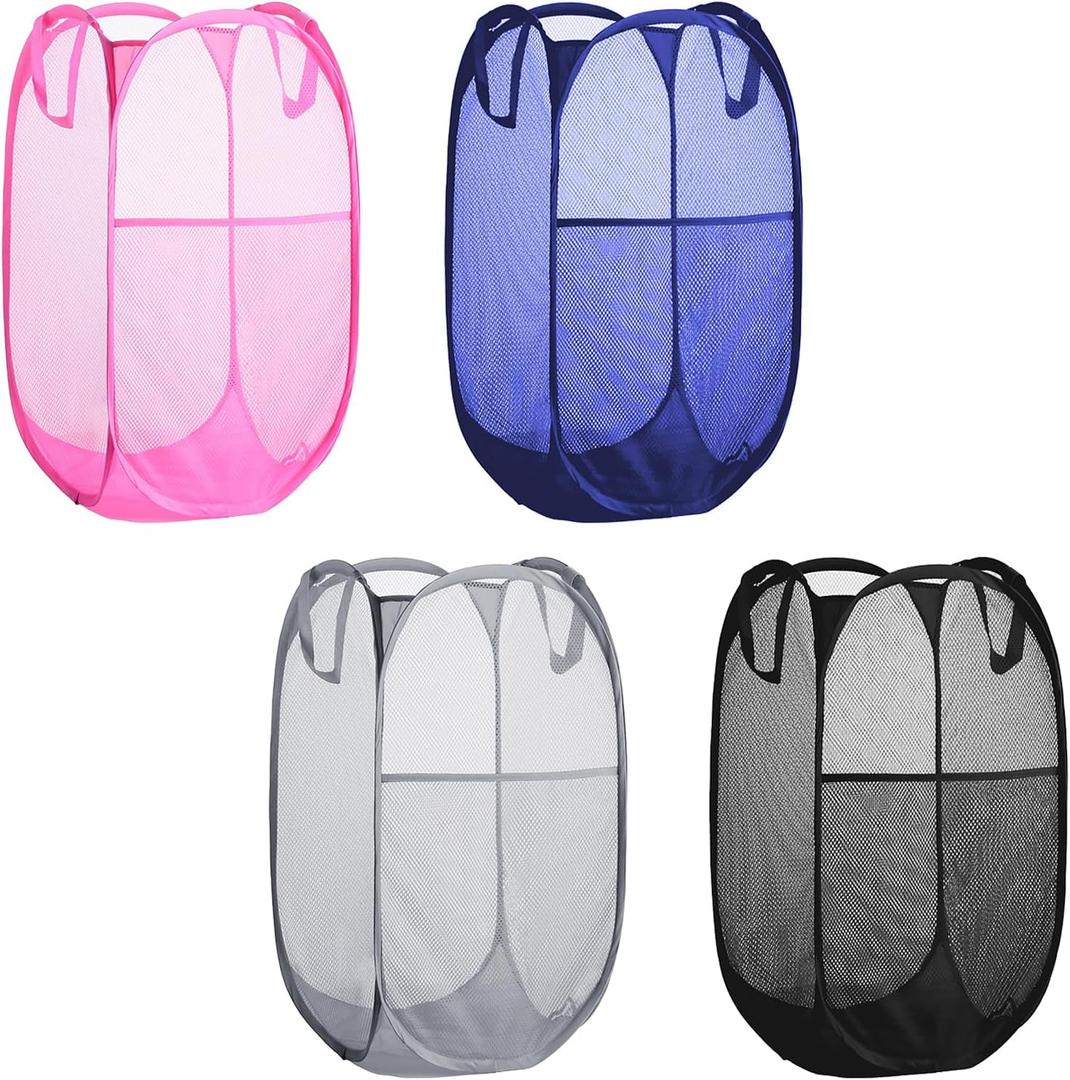 Collapsible Pop Up Laundry Hamper, Extra Large Mesh Foldable Laundry Basket Bag, 28" x 16" x 16", 4 Pack (Black + Pink + Grey + Blue)