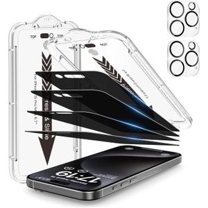 EZ-GLAZ 4-Pack for iPhone 15 Pro Max Privacy Screen Protector [6.7"] with Flawless Fit Kit + 2-Pack Camera Lens Protector, 15-Second Bubble-Free Installation, 9H Hardness, 12FT Military Grade Shatterproof, Scratch Resistant, Tempered Glass (Black)