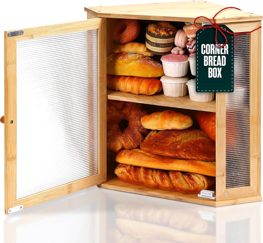 Corner Bread Box, Corner Breadbox, Bread Holder for Kitchen Counter, Bread Box Corner, Countertop Cabinet, Bread Shelf, Holder, Pastry Storage Bin, Pantry, Bamboo, Two Tier, Double Layer