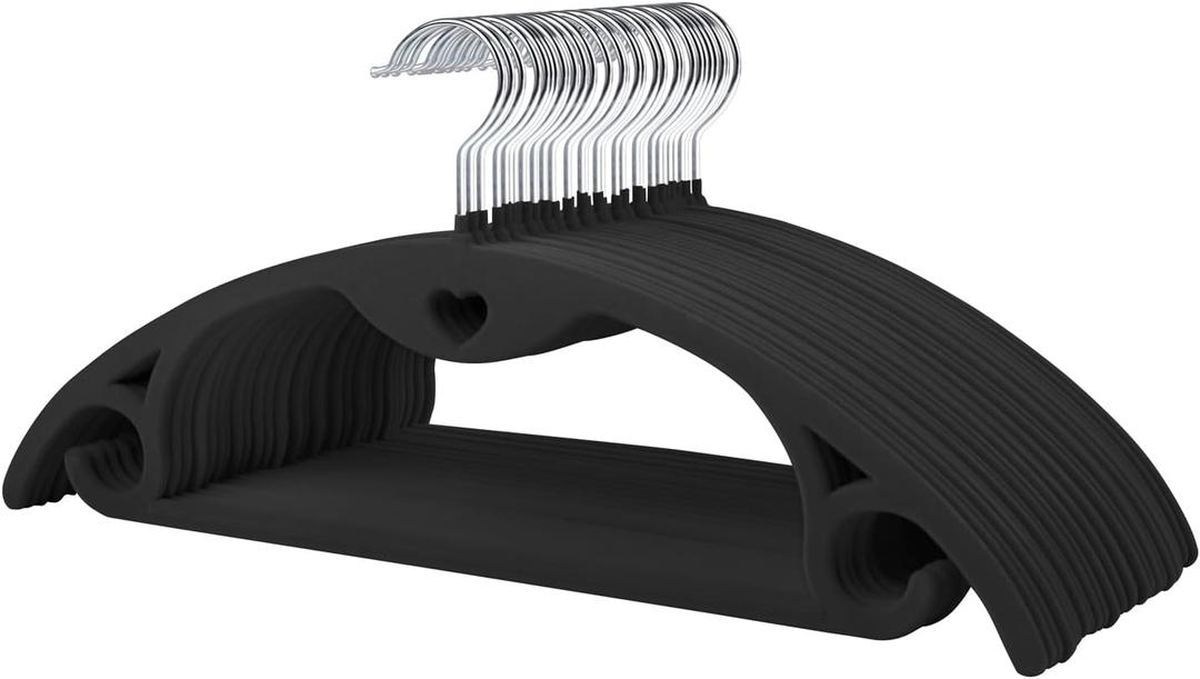 ManGotree Velvet Hangers with Cascade Hole, Non-Slip Rounded Felt Clothes Hanger, Sturdy Space-Saving Suit Hangers for Sweaters, Pants, Dresses, Skirts, Coats (50 Pack, Black)