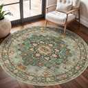 Washable Oriental Area Rug - 4ft Round Rugs for Living Room Soft Carpet for Bedroom Waterproof Floral Distressed Indoor Stain Resistant Non-Shedding Floor Carpets (Green, 4ft-Round)