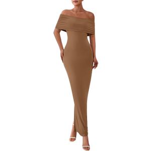 PRETTYGARDEN Women's Off The Shoulder Maxi Dresses 2025 Summer Formal Elegant Cocktail Party Wedding Guest Long Dress (Brown, XL)